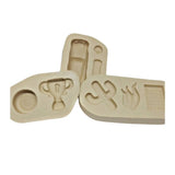 Tres moldes de silicona con cavidades para coche de carreras, trofeo, rueda, cactus y apliques temáticos para trabajos en porcelana fría de Simone Moldes.