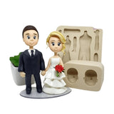 Molde de silicona Pareja Novios Simone Moldes con ejemplo de topper de boda realizado en porcelana fría, figura de novio y novia con vestido y traje clásico.